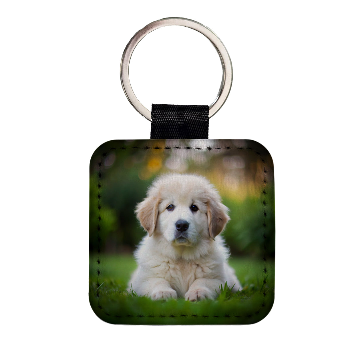 Great Pyrenees Dog Puppy Photo Square Faux Leather Keychain