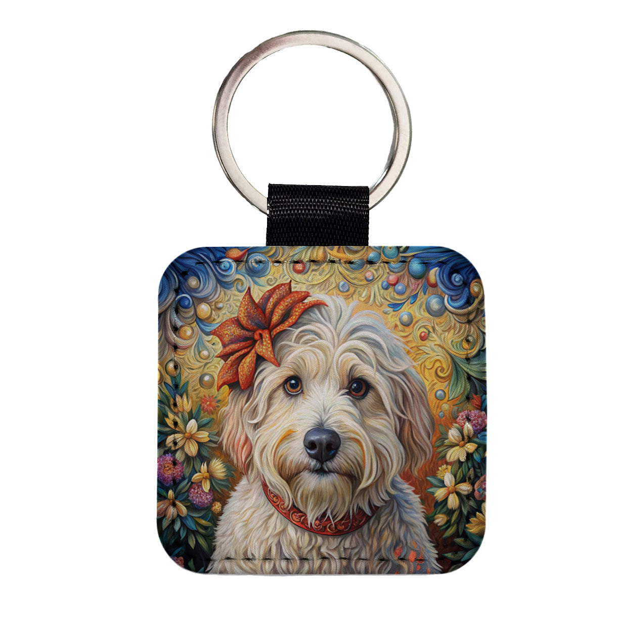 Havanese Dog French Bohemian Art Square Faux Leather Keychain