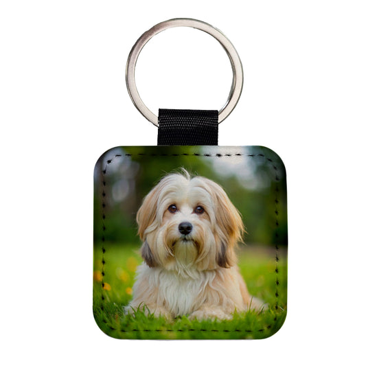 Havanese Dog Photo Square Faux Leather Keychain