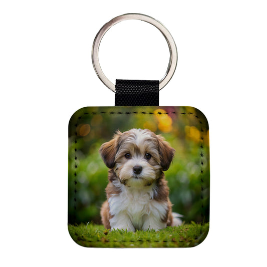 Havanese Dog Puppy Photo Square Faux Leather Keychain
