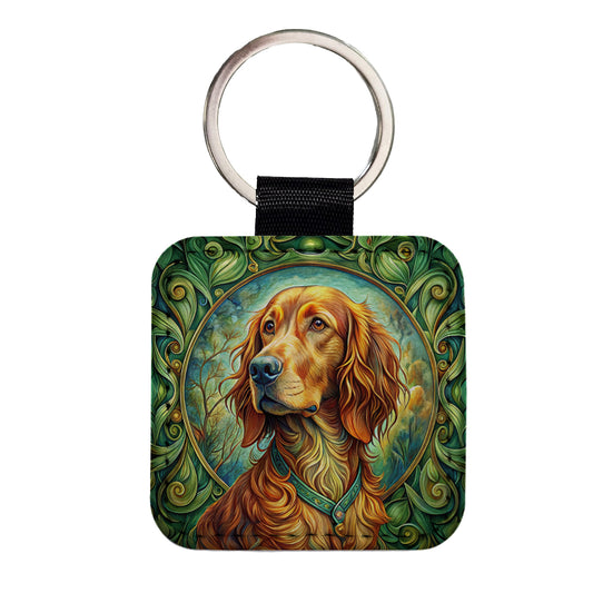 Irish Setter Dog Art Nouveau Square Faux Leather Keychain