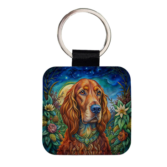 Irish Setter Dog Bohemian Art Square Faux Leather Keychain