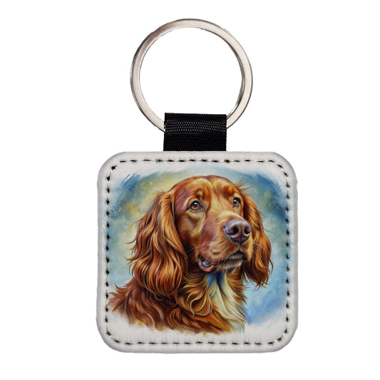 Irish Setter Dog Illustration Square Faux Leather Keychain