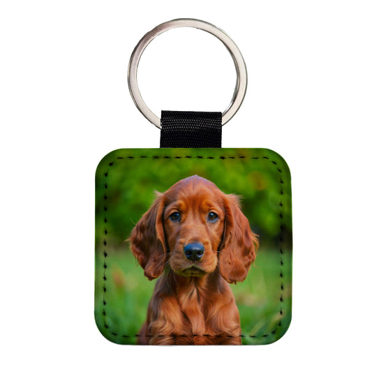 Irish Setter Dog Puppy Photo Square Faux Leather Keychain