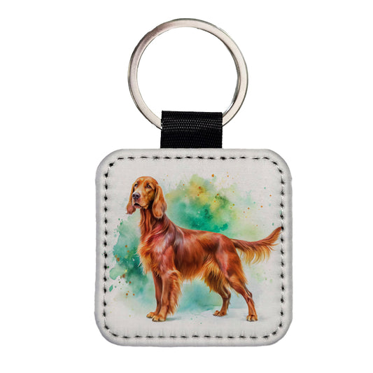 Irish Setter Dog Watercolor Style Square Faux Leather Keychain