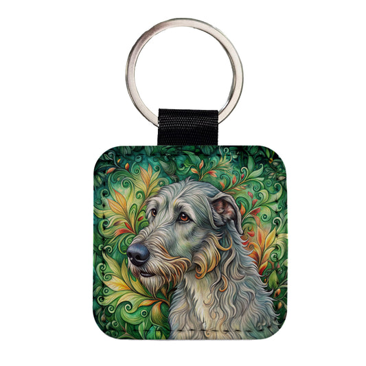 Irish Wolfhound Dog Art Nouveau Square Faux Leather Keychain