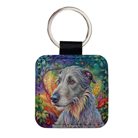 Irish Wolfhound Dog Bohemian Art Square Faux Leather Keychain