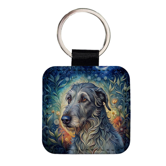 Irish Wolfhound Dog French Bohemian Art Square Faux Leather Keychain