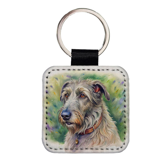 Irish Wolfhound Dog Illustration Square Faux Leather Keychain