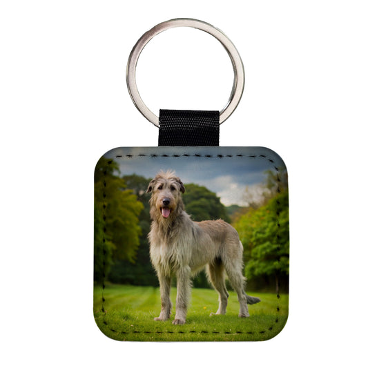 Irish Wolfhound Dog Photo Square Faux Leather Keychain