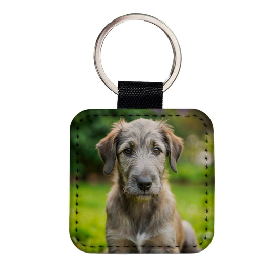 Irish Wolfhound Dog Puppy Photo Square Faux Leather Keychain
