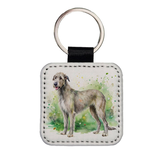 Irish Wolfhound Dog Watercolor Style Square Faux Leather Keychain