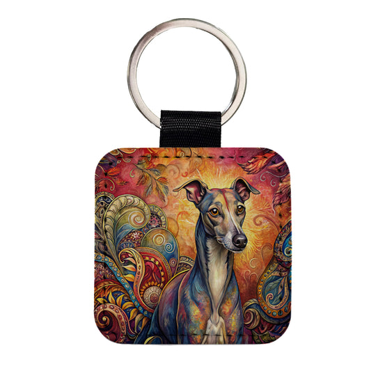 Italian Greyhound Dog Bohemian Art Square Faux Leather Keychain