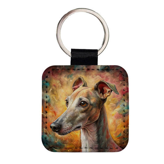 Italian Greyhound Dog Illustration Square Faux Leather Keychain