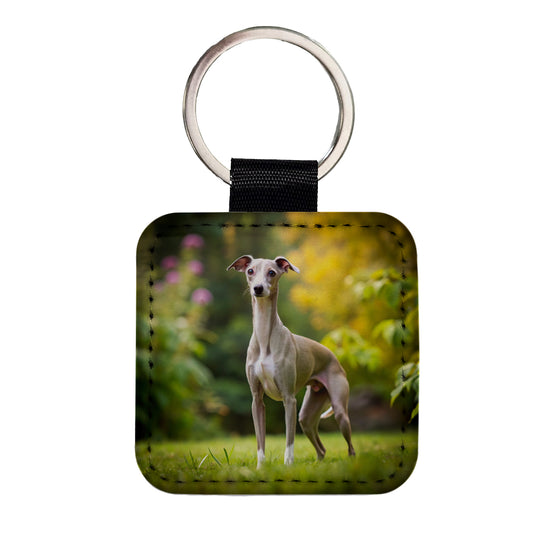 Italian Greyhound Dog Photo Square Faux Leather Keychain