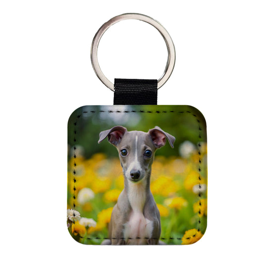 Italian Greyhound Dog Puppy Photo Square Faux Leather Keychain