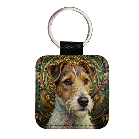 Jack Russell Terrier Dog Art Nouveau Square Faux Leather Keychain