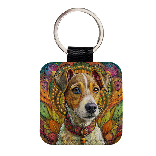 Jack Russell Terrier Dog Bohemian Art Square Faux Leather Keychain