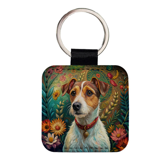 Jack Russell Terrier Dog French Bohemian Art Square Faux Leather Keychain