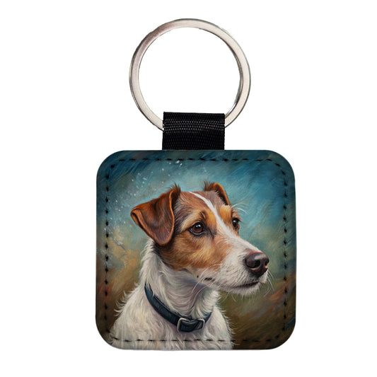Jack Russell Terrier Dog Illustration Square Faux Leather Keychain