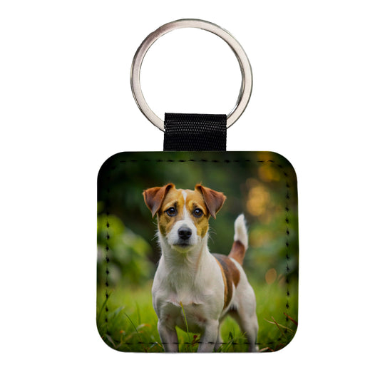 Jack Russell Terrier Dog Photo Square Faux Leather Keychain
