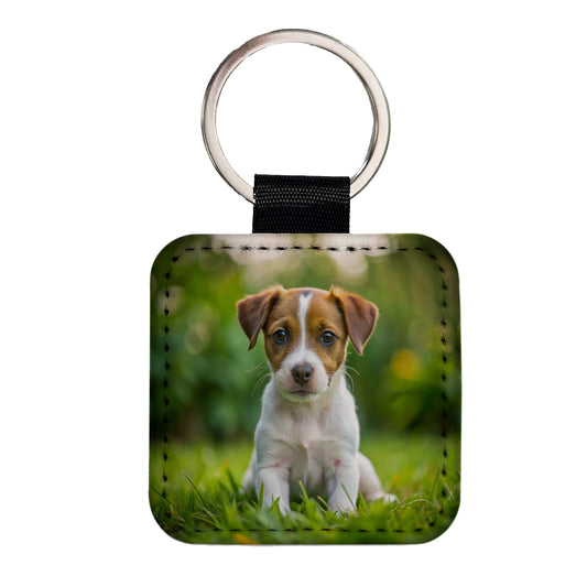 Jack Russell Terrier Dog Puppy Photo Square Faux Leather Keychain