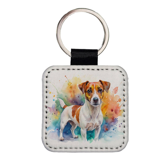 Jack Russell Terrier Dog Watercolor Style Square Faux Leather Keychain