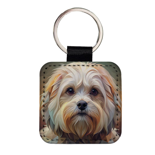 Maltese Dog Abstract Stylized Art Square Faux Leather Keychain