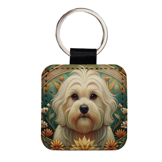 Maltese Dog Art Nouveau Square Faux Leather Keychain
