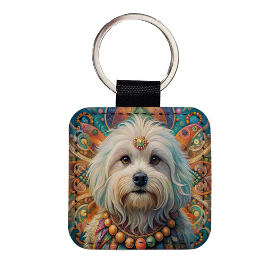 Maltese Dog Bohemian Art Square Faux Leather Keychain