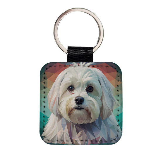 Maltese Dog Contemporary Art Square Faux Leather Keychain