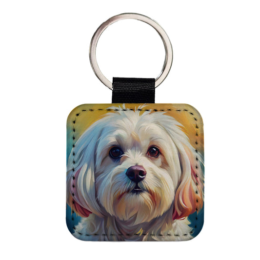 Maltese Dog Expressionism Art Square Faux Leather Keychain