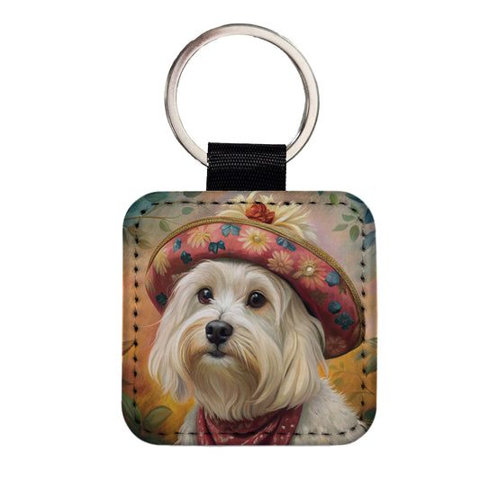 Maltese Dog French Bohemian Art Square Faux Leather Keychain