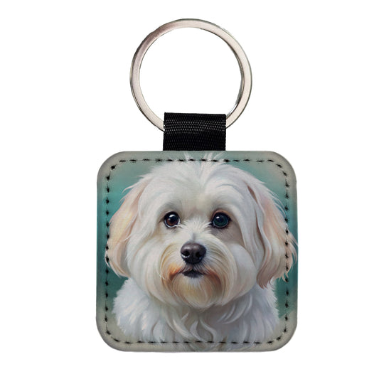 Maltese Dog Illustration Square Faux Leather Keychain