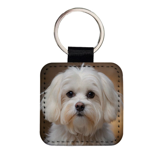 Maltese Dog Photo Square Faux Leather Keychain