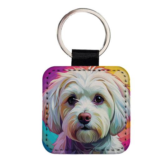 Maltese Dog Pop Art Square Faux Leather Keychain