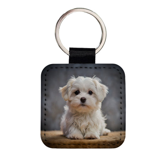 Maltese Dog Puppy Photo Square Faux Leather Keychain