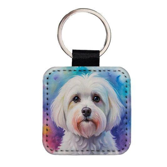 Maltese Dog Watercolor Style Square Faux Leather Keychain
