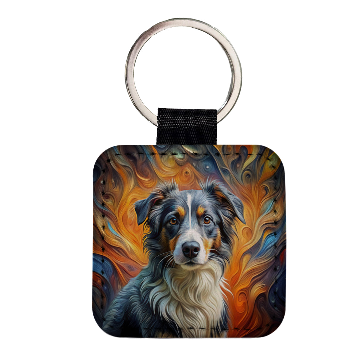 Miniature American Shepherd Dog Abstract Art Square Faux Leather Keychain