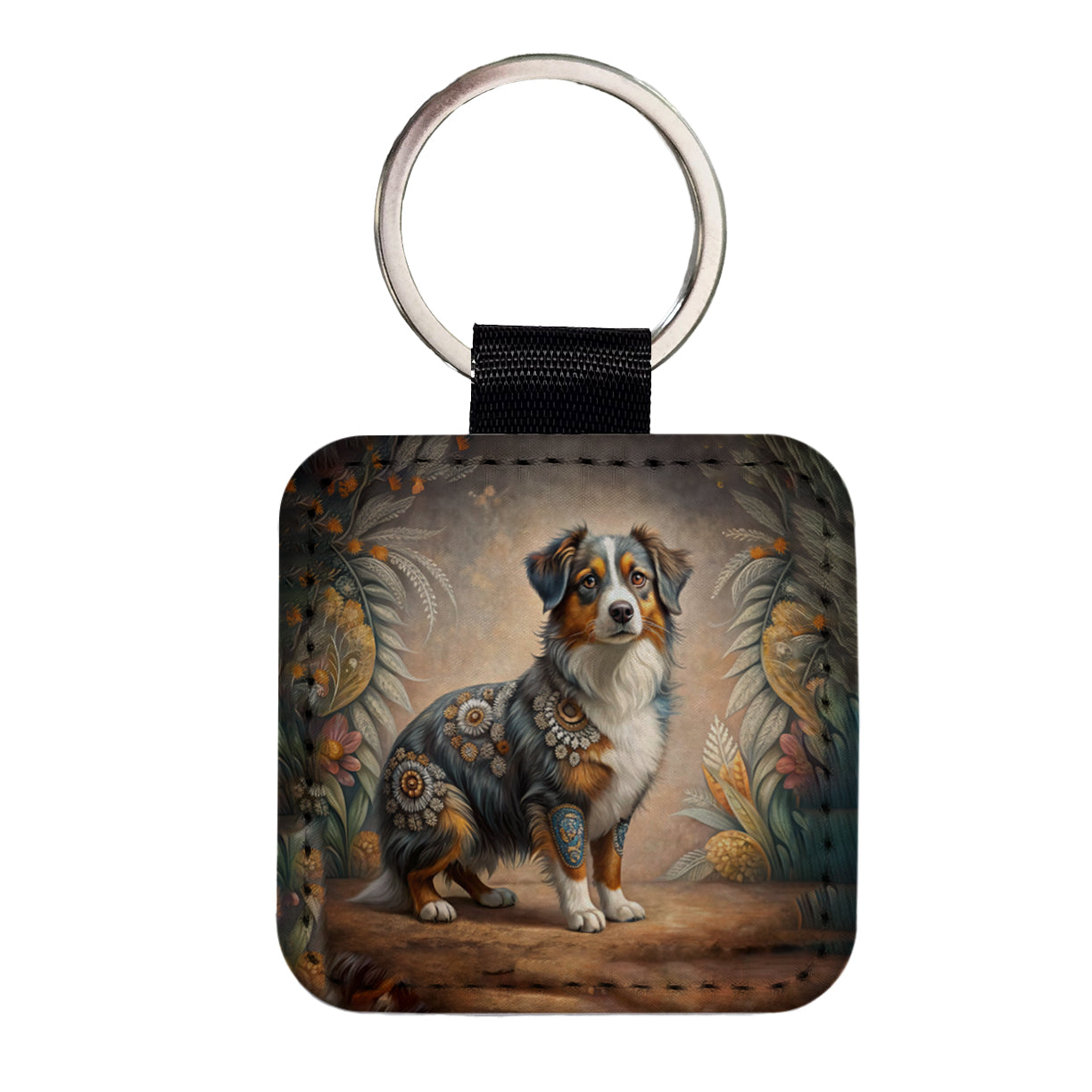 Miniature American Shepherd Dog Bohemian Art Square Faux Leather Keychain