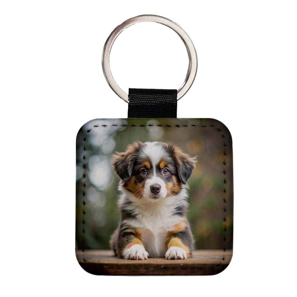 Miniature American Shepherd Dog Puppy Photo Square Faux Leather Keychain