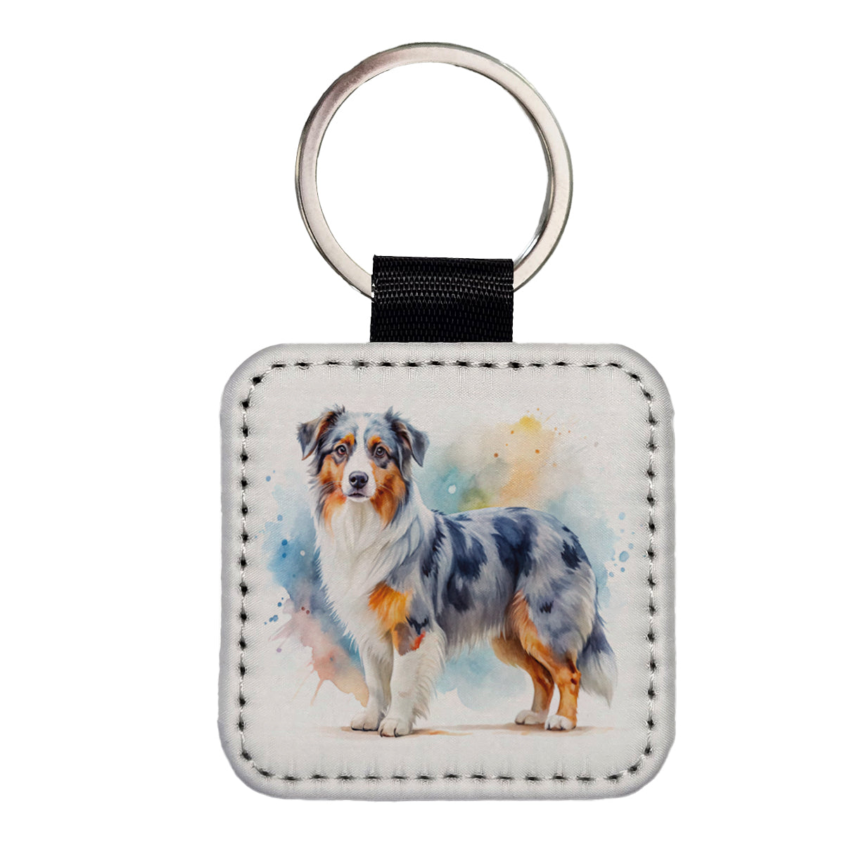 Miniature American Shepherd Dog Watercolor Style Square Faux Leather Keychain