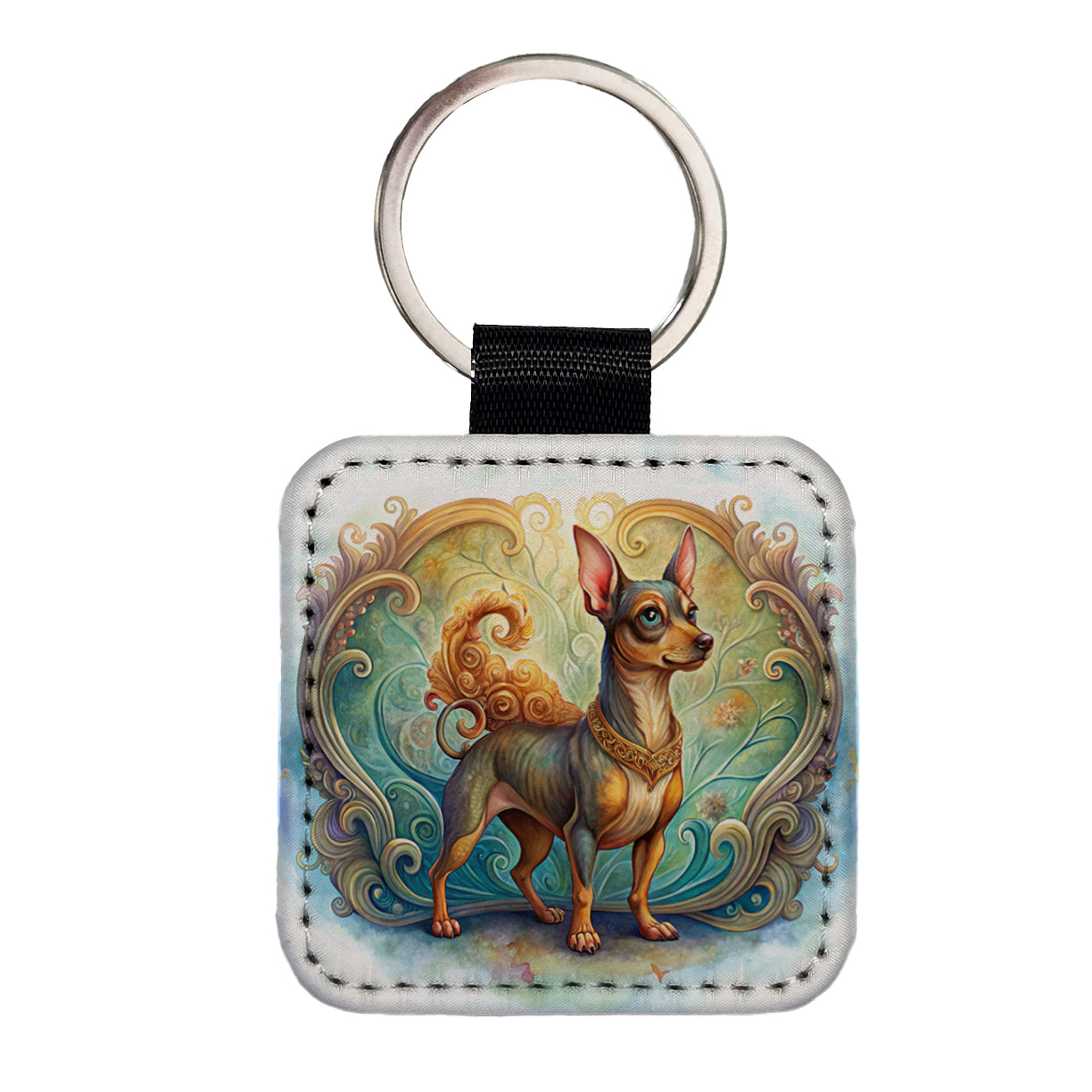 Miniature Pinscher Dog Art Nouveau Square Faux Leather Keychain