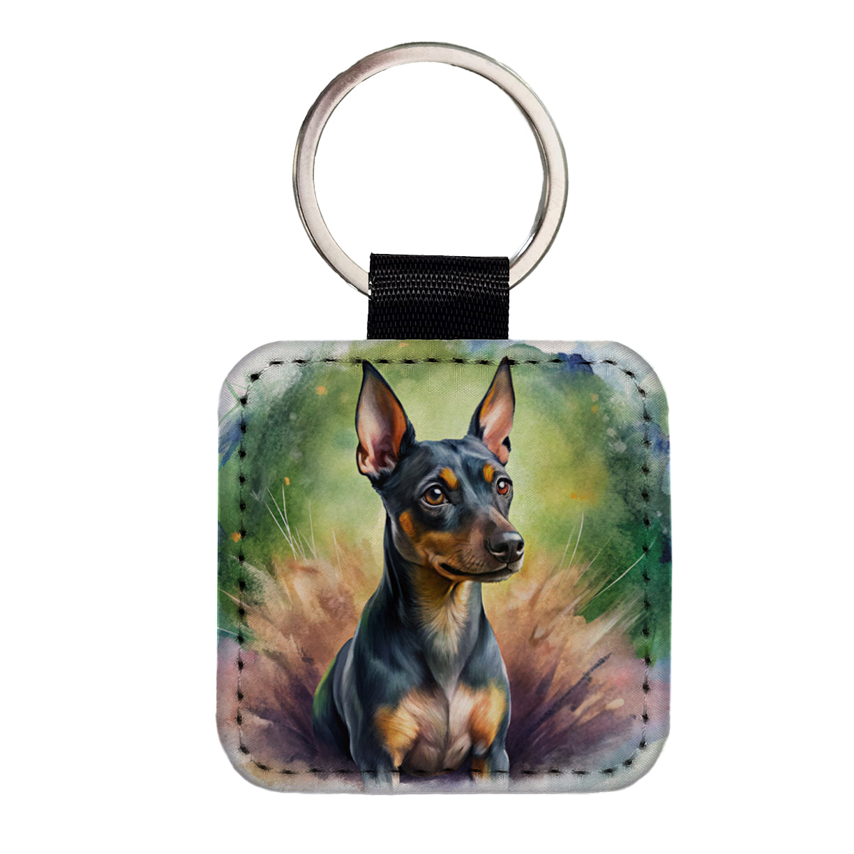 Miniature Pinscher Dog Illustration Square Faux Leather Keychain