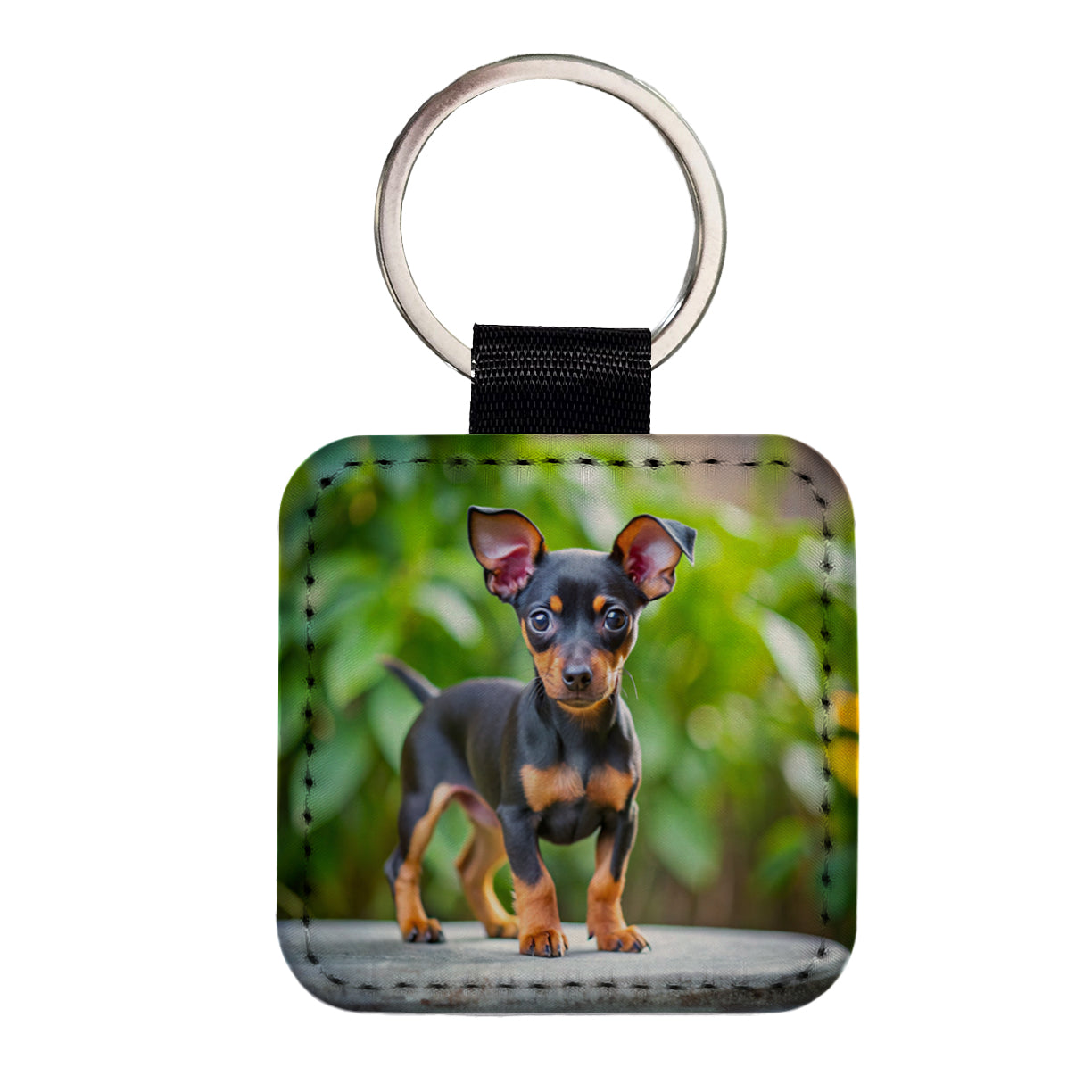 Miniature Pinscher Dog Puppy Photo Square Faux Leather Keychain