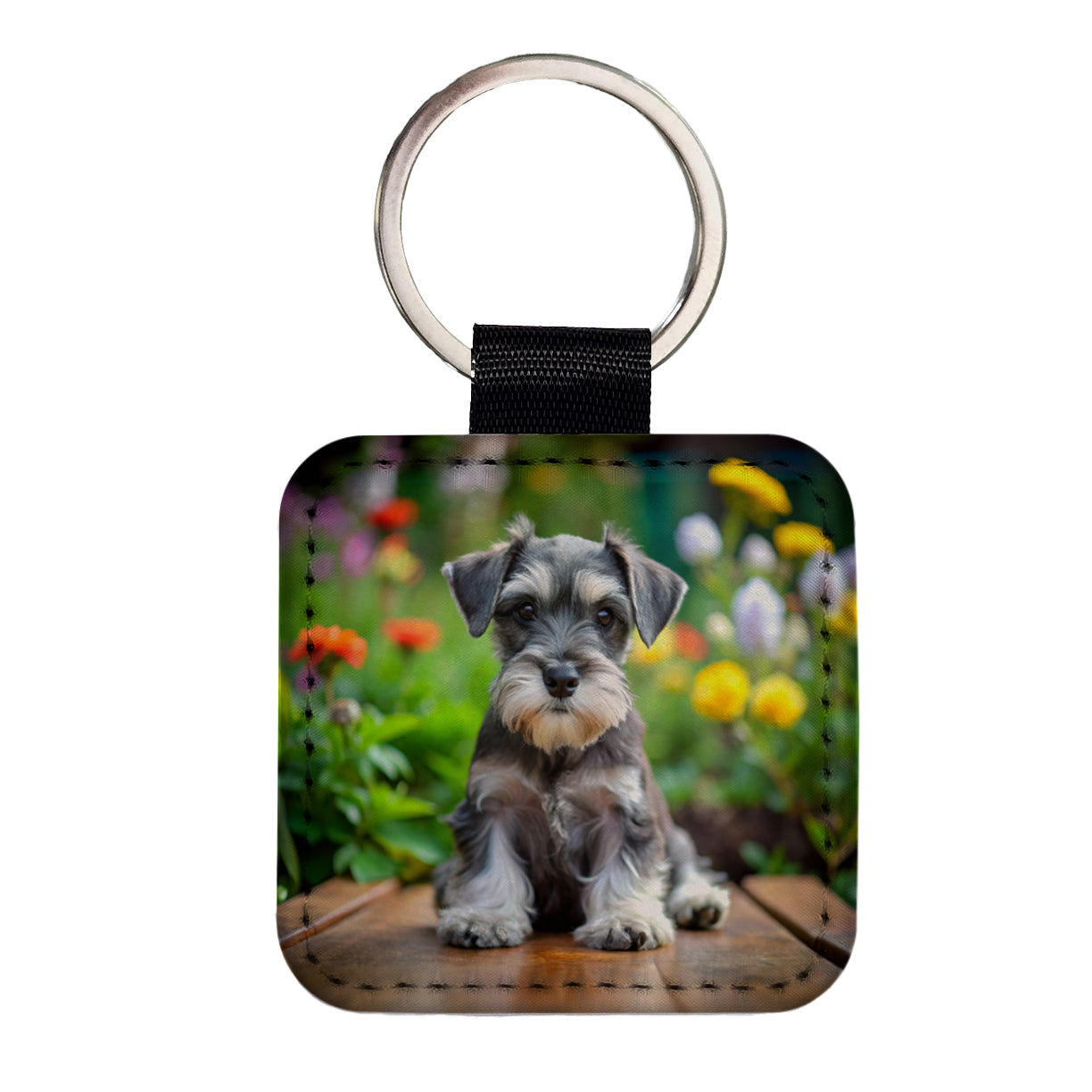 Miniature Schnauzer Dog Puppy Photo Square Faux Leather Keychain