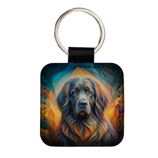 Newfoundland Dog Abstract Art Square Faux Leather Keychain