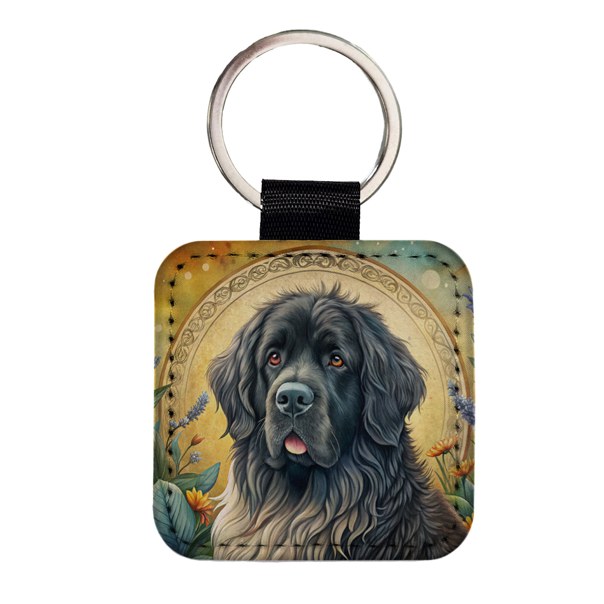 Newfoundland Dog Art Nouveau Square Faux Leather Keychain