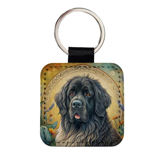 Newfoundland Dog Art Nouveau Square Faux Leather Keychain