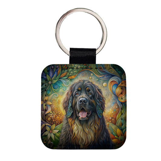 Newfoundland Dog Bohemian Art Square Faux Leather Keychain